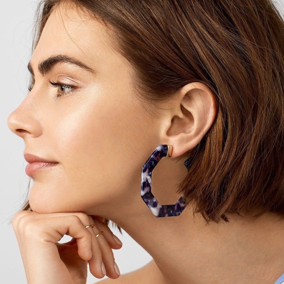 Hexagon Purple Acrylic Tortoise Gold Bar Earrings - Picture 2 of 7